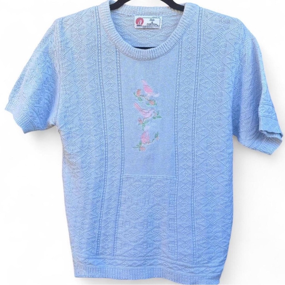 Isle of Cotton Vintage Cottagecore Embroidered Short Sleeve Knit Sweater